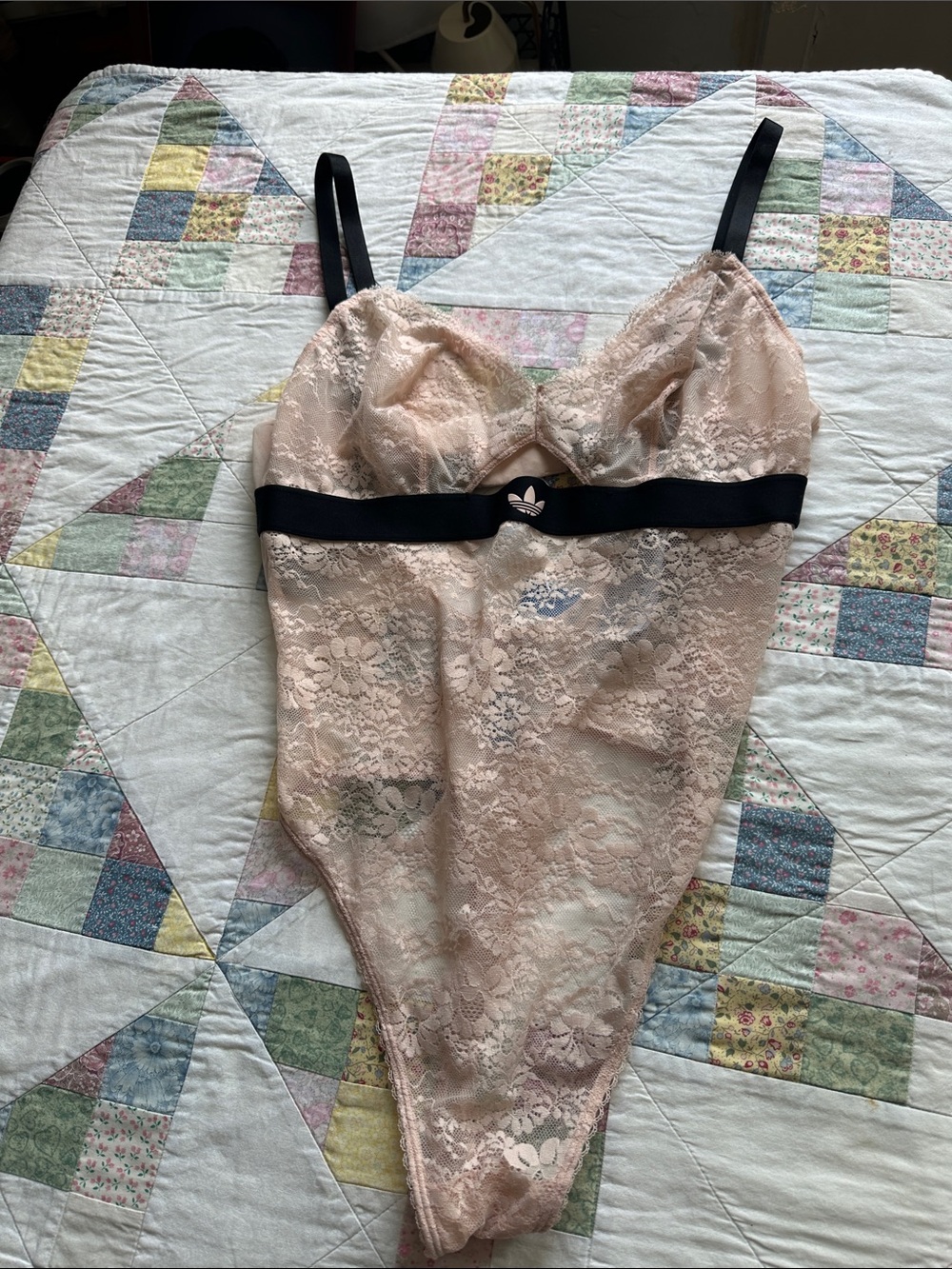 H—adidas Blush Pink Lace Bodysuit with Black Elastic Band